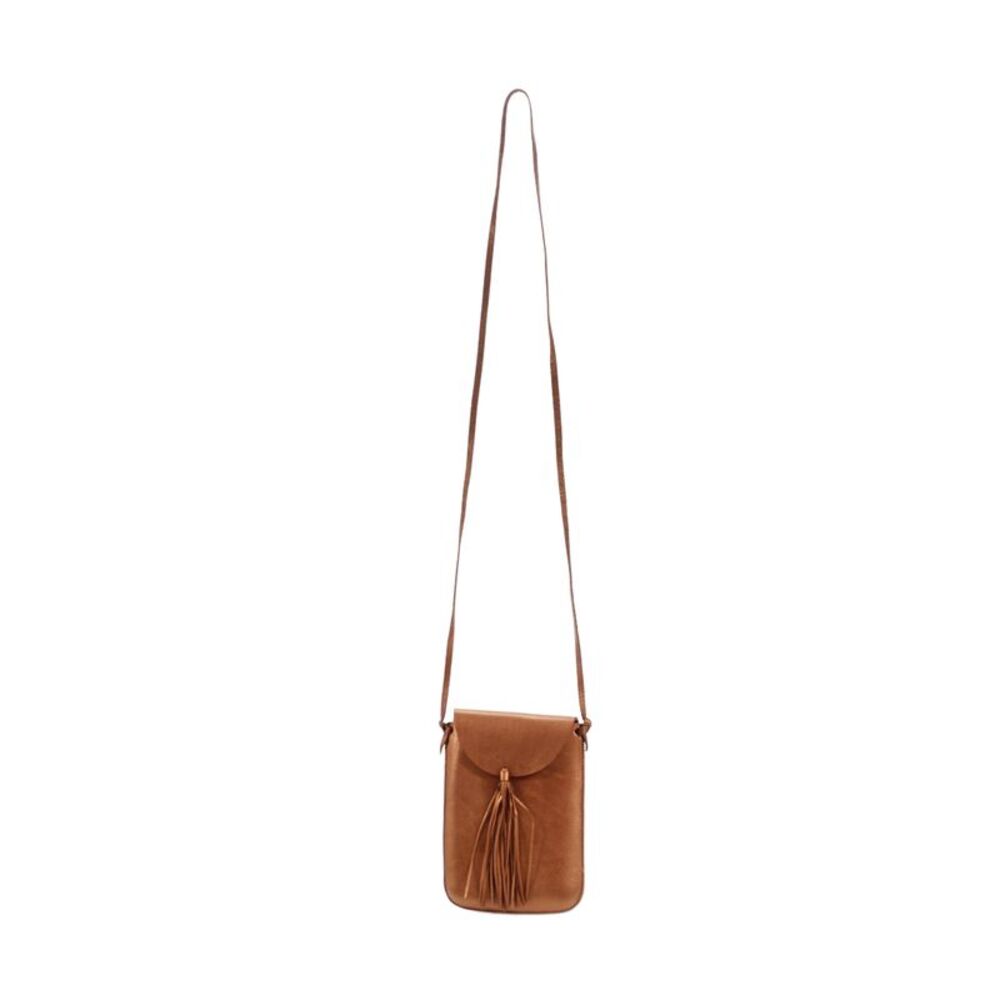 Caravana Womens Leather Embossed Logo Crossbody Handbag Brown